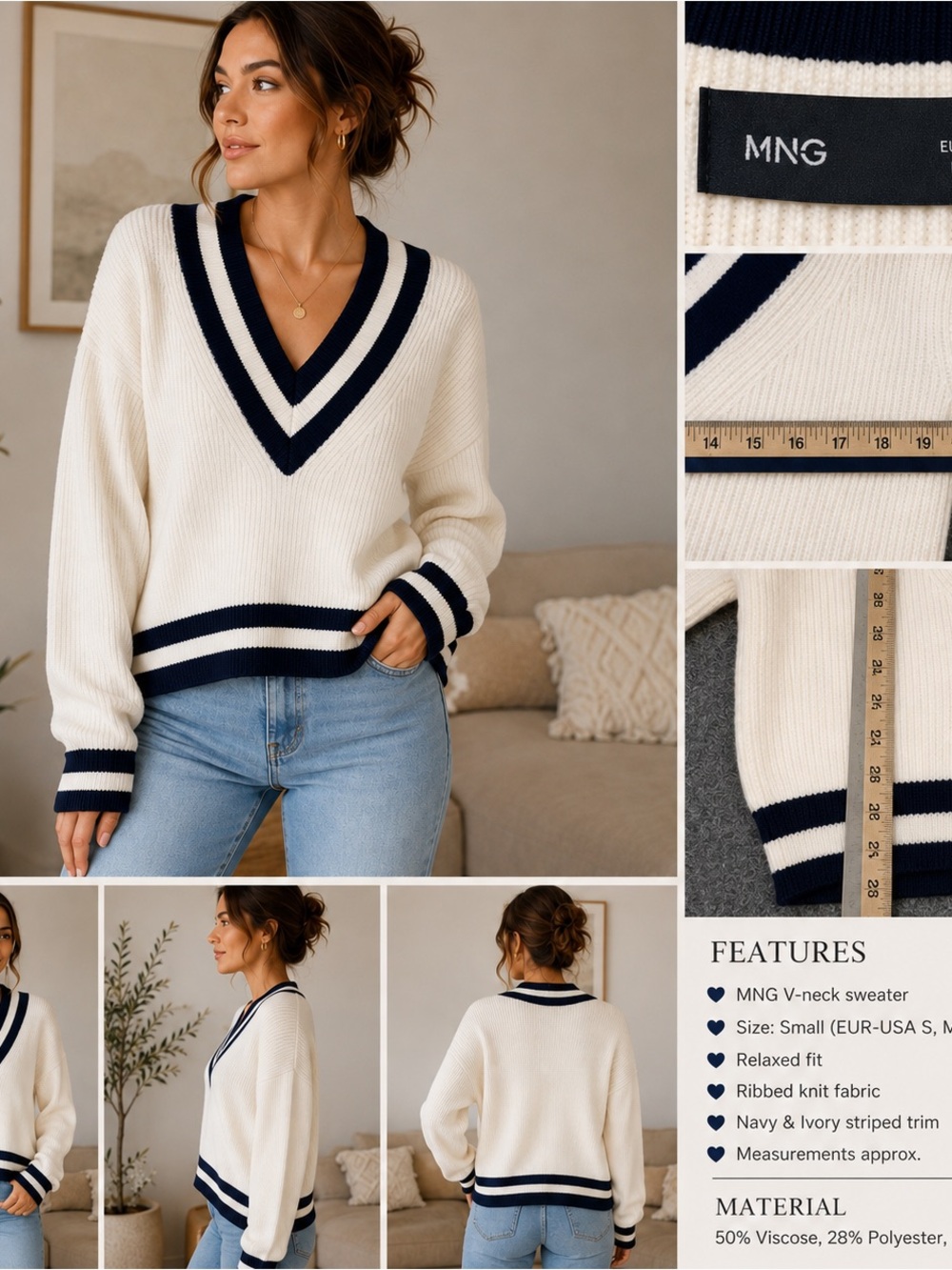 Mango Ivory V-Neck Striped Trim Sweater size small